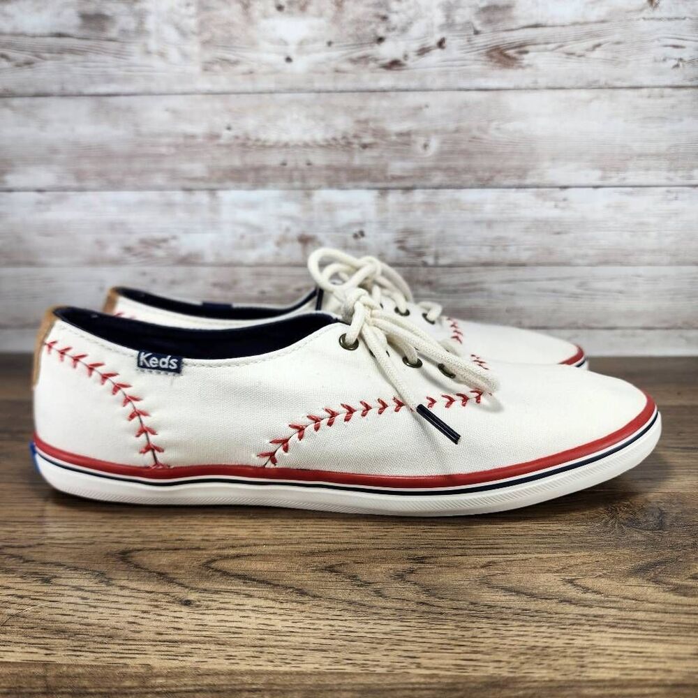 Keds White Canvas Lace-Up Sneakers with Red Stitching